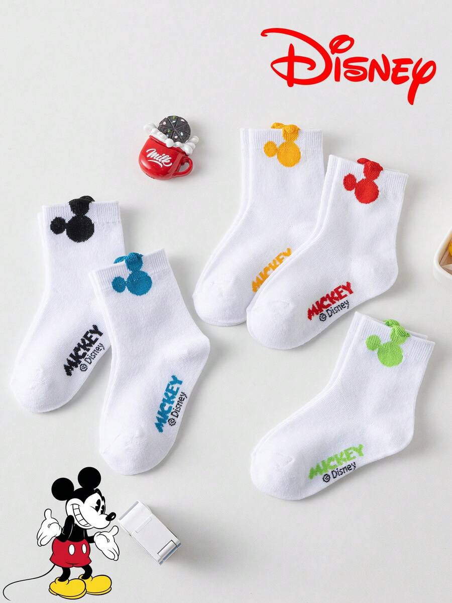 Disney 10/5/1雙可愛米老鼠白色中筒襪,彩色3D米老鼠耳朵圖案,透氣涼爽適合夏季,卡通襪,舒適透氣,適合學生,歐美童鞋尺寸,禮物與日常穿著,開學季 - 彩色 - 查看 1