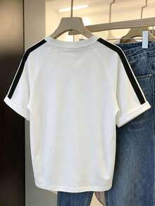 Women's Spring/Summer New Oversized Color Block Two-Stripe Side Stripe Short Sleeve T-Shirt, Fashion Loose Slimming Korean Style Daily Casual White - White - View 6
