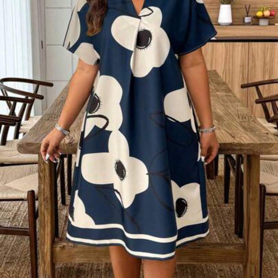 Plus Size Summer Casual Floral Print Dress - Multicolor - Ver 1
