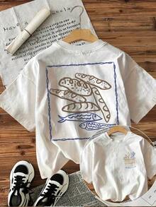[Print][Style] Women's Crew Neck T-Shirt, Loose And Comfortable Fit, Printed With "Bread Fish Matthew 14:20", Minimalist Summer Style, Inspired By The Islands.,Summer T-Shirt - White - View 1