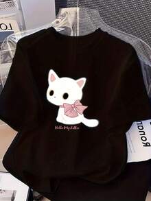 Camiseta de mujer moderna, informal, para fiestas y para estar en casa, 100% algodón, corte holgado. Camiseta de manga corta con estampado de dibujos animados vintage americano puro para mujer, nueva camiseta de verano de corte holgado, cuello redondo, estilo universitario, versátil. 100% algodón. - Negro - Ver 6