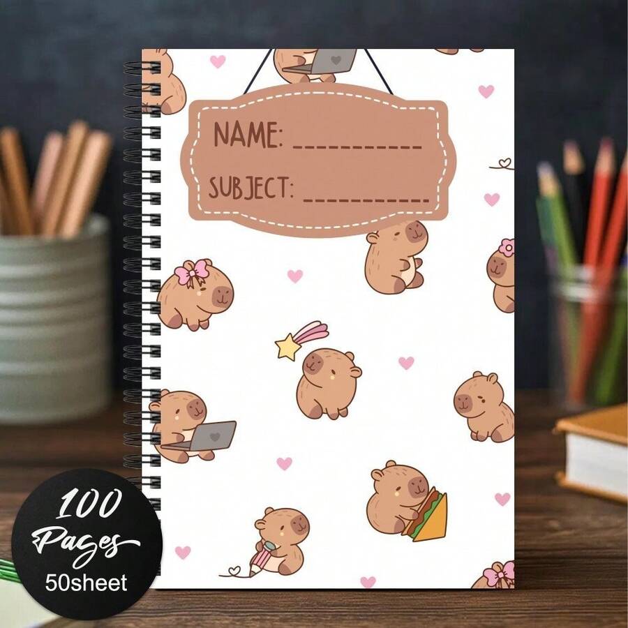 1 pieza Cuaderno de espiral súper lindo con temática de capibara - Cuaderno con patrón de dibujos animados adorables de capibara, ideal para uso en la oficina y la escuela, regalo perfecto para amantes de los capibaras, diseñado con patrones divertidos, adecuado para planificación y registro diario.