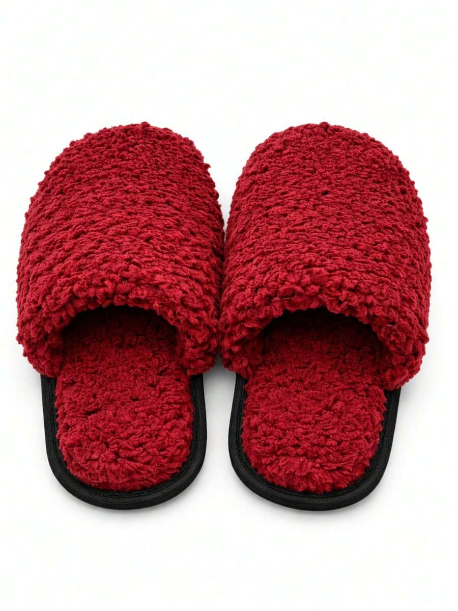Super Warm, Comfortable, Non-Slip Plush Winter Slippers For Men And Women, Fluffy Fabric, Fur-Lined, Home Winter Slippers - Màu Đỏ Sâu - Xem 1