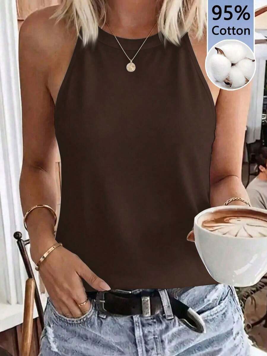 LUNE Camiseta de tirantes de cuello halter casual y cómoda para mujer, 95% algodón, adecuada para el verano - Café integral - Ver 1