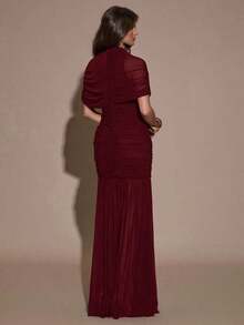 X GALILEA   Vestido ajustado con pliegues elegantes, adecuado para cóctel, cita romántica, capas de otoño/invierno, fiesta, reunión formal, Halloween, Navidad - Burdeos - Ver 2