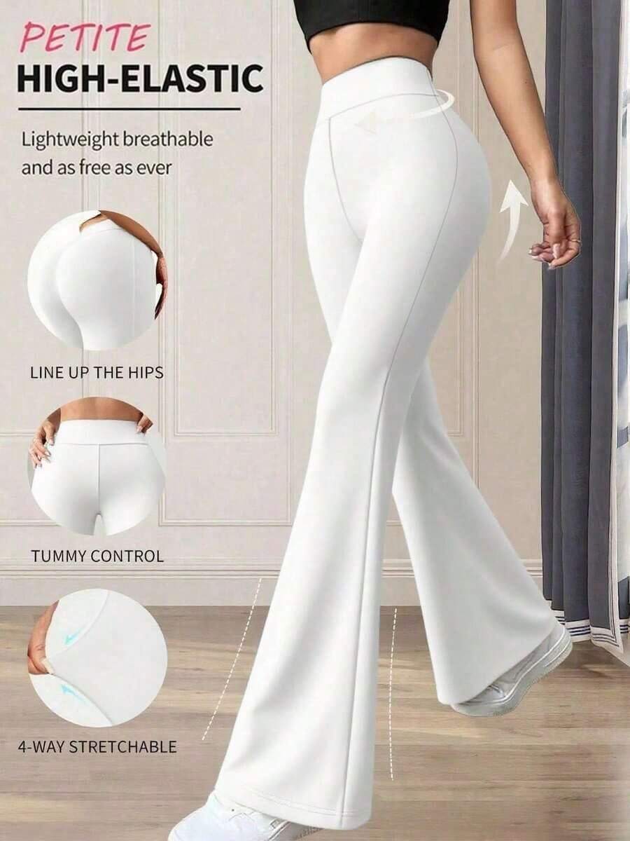 Pantalones acampanados de cintura alta de unicolor casuales para mujer de talla pequeña, primavera - Blanco - Ver 1
