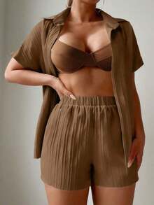 Swim Basics Conjunto casual de camisa tipo kimono y pantalones cortos de unicolor para mujer - Marrón - Ver 3