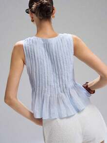 Primavera/Verano Nueva Blusa de Lino sin Mangas con Cintura Plisada para Mujer, Minimalista Casual, Estilo Vacacional, Marrón - Azul - Ver 2