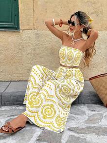 Frenchy Conjunto de 2 piezas de top tubo corto y pantalones de pierna ancha con estampado de plantas para vacaciones de mujer - Amarillo - Ver 3