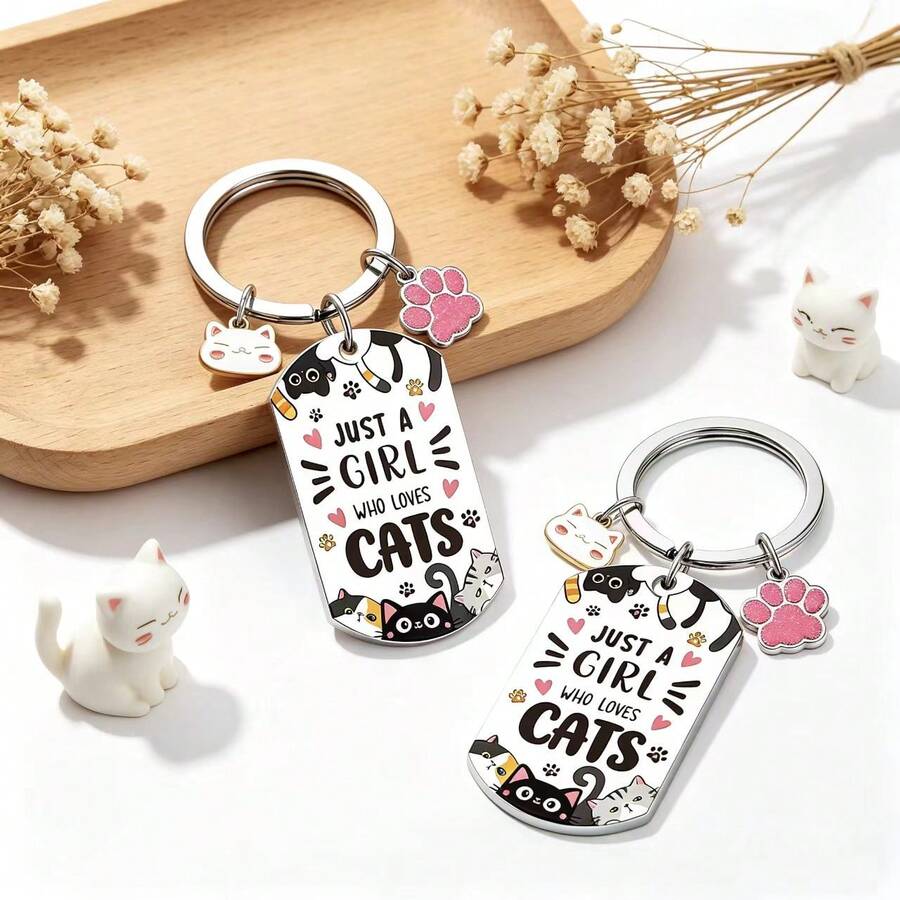 Cat Lover Themed Keychain With Cute Cat Paw Pendant, "Cat Lover Girl" Text, Creative Gift For Cat Owner Friends - Multicolor - View 1