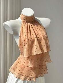 Blusa con cuello de volantes con estampado de lunares para mujer - Naranja - Ver 8