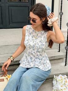 Blusa elegante con volantes bordados para mujer - Azul y blanco - Ver 2