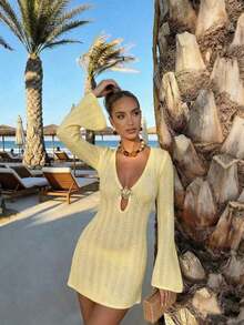 Vestido de manga larga de punto para mujer, estilo de vacaciones en la playa - albaricoque profundo - Ver 6