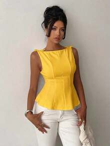 sin mangas elegante para ir a la oficina, diseño minimalista, casual de negocios para mujer, ropa de oficina, salir, para maestras, blusa casual para mujer, blusa social para mujer - amarillo ganso - Ver 5