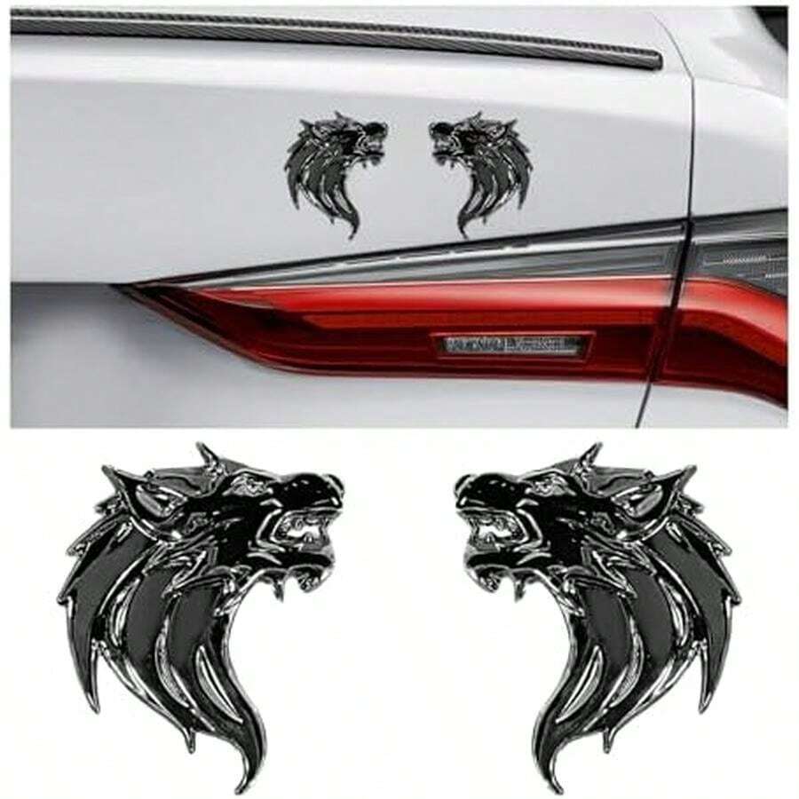 2 PCS 3D Wolf Head Metal Emblem, Car Side Fender Rear Wolf Head Emblem Badge Self Adhesive Stickers, Pair Metal Badge Decal For Car Motorcycles Truck SUV, Black - Xám - Xem 1