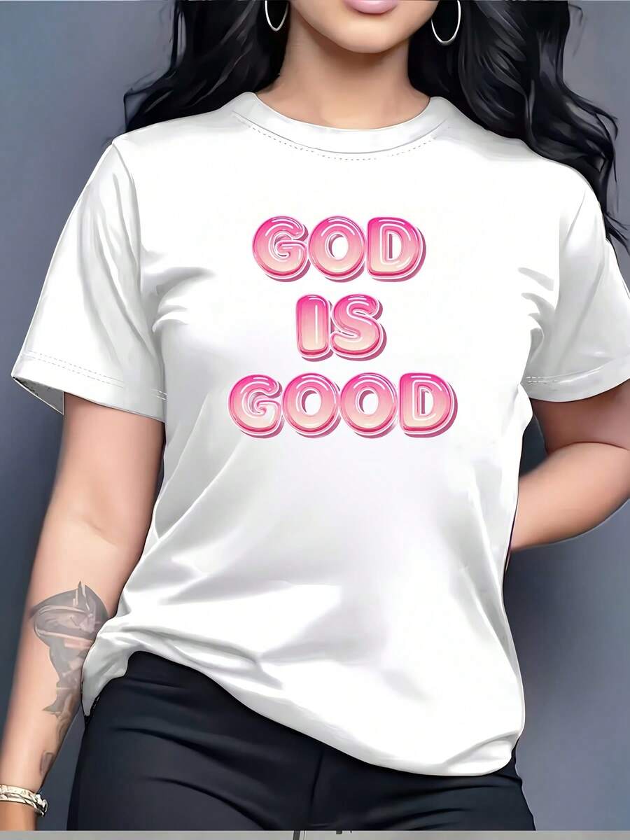 Camiseta ModaModa para Mujer "God Is Good" - Camiseta Premium de Manga Corta y Cuello Redondo de 180g con Estampado "God Is Good", Casual, Adecuada para Iglesia, Eventos de Equipo, Regalos, Ropa Casual, Lavable a Máquina. - Blanco - Ver 1
