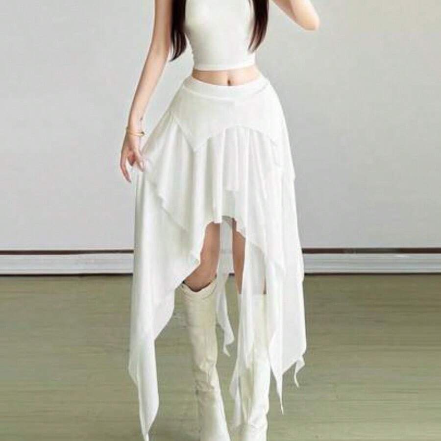 Top Dazzle Sexy Split Asymmetric High Waist Fitted Skirt - Blanco - Ver 1
