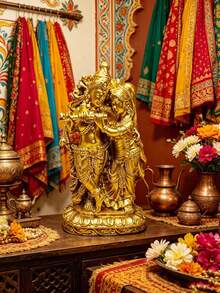 1pc Handmade Golden Radha Statue, Resin Sacred Couple Sculpture, Home Temple Decor, Diwali Wedding Gift - Multicolor - View 5