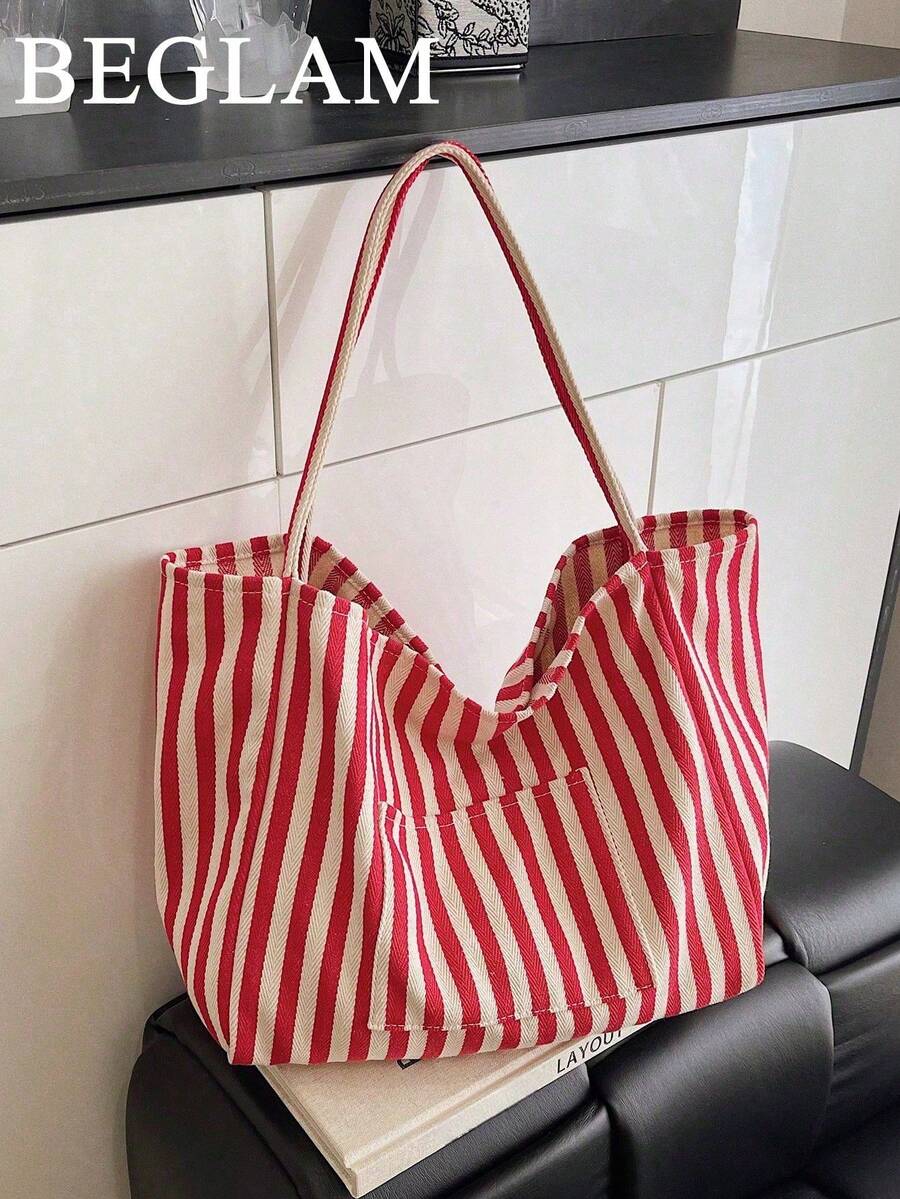 Retro Chic Striped Canvas Tote Bag, Korean Style, Casual Large Capacity Shoulder Bag For Women, Suitable For Travel And Vacation - Red - View 1