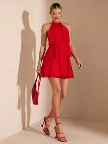 Vestido corto de gasa rojo sólido con hojas de loto en cascada, apropiado para citas diarias, salidas nocturnas, discotecas, fiestas, reuniones, fiestas de cócteles, fiestas de piscina, ropa de vuelta al colegio, vestidos de temporada escolar, vestidos de vacaciones, faldas tutú - Granate - Ver 6