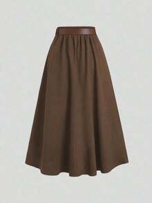 Sweetro Falda de ante marrón café con diseño de solapa única para mujer, otoño/invierno - Caqui 2 - Ver 2