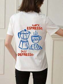 3Pcs Camiseta de manga corta y cuello redondo de verano, estampado de corazón rosa y taza de café, con texto en inglés, corte holgado casual, adecuada para verano, playa, calle, diario, trabajo, de oficina, salida, festival, festival deúsica, San Valentín,-Soft Fabric - Blanco - Ver 7