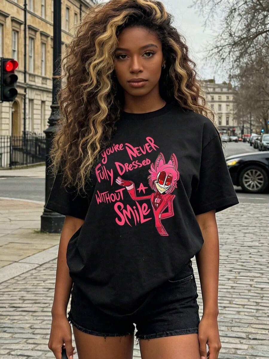 Camiseta de manga corta con cuello redondo suave y casual de verano para mujer, tops para salir, algodón, vintage, estilo callejero europeo y americano, casual deportivo, estilo unisex, estilo casual urbano, tops bonitos, Gen Z, curvas, ropa Y2K, camisetas divertidas, tops para damas, conjuntos de vacaciones para mujer, top lindo, camiseta gráfica, conjuntos de primavera, camisetas holgadas, ropa de calle retro, estilo de los 90, estilo de los 2000, subcultura, top negro, tops blancos, atuendo de fiesta de los 90. - Negro - Ver 1