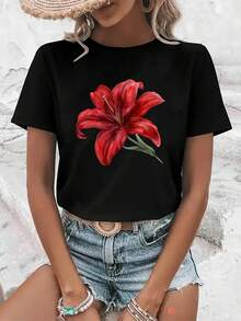 Camiseta Casual de Manga Corta para Mujer 2026 - Diseño estampado, cuello redondo holgado, tela transpirable de elasticidad media, lavable a máquina, top versátil para todas las estaciones, adecuada para uso diario, estampados divertidos, material cómodo, camiseta de estilo moderno. - Negro - Ver 7