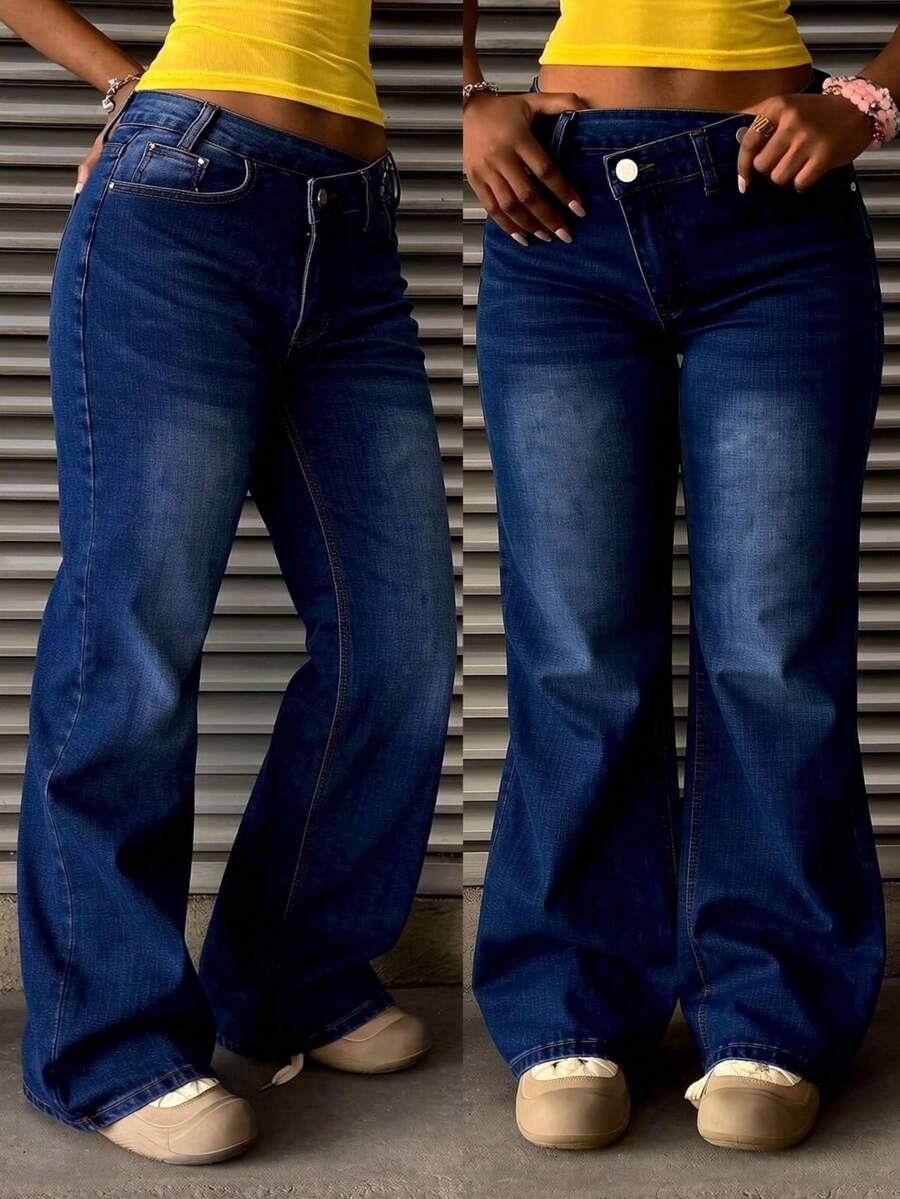 Pantalones rectos de mezclilla azul marino lavados con cintura asimétrica, cintura media, holgados y con caída elegante - Azul - Ver 1