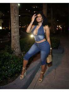New Tube Top Neck Strap Denim Cropped Pants Set MZ88643 European And American Elastic Fashion Women's Clothing - 11 - 查看 2
