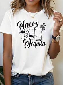Mujeres Tacos y Tequila mexicano comida tema camiseta - Tequila vidrio y eslogan decoración de manga corta casual, blanco y negro foodie minimalista mexicano partido top - Blanco - Ver 2