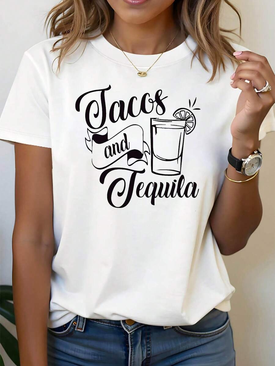 Mujeres Tacos y Tequila mexicano comida tema camiseta - Tequila vidrio y eslogan decoración de manga corta casual, blanco y negro foodie minimalista mexicano partido top