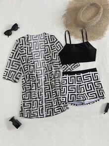 Swim Conjunto de bikini casual con estampado de plantas tropicales con kimono corto de manga corta como cubridor para verano - Multicolor 5 - Ver 4