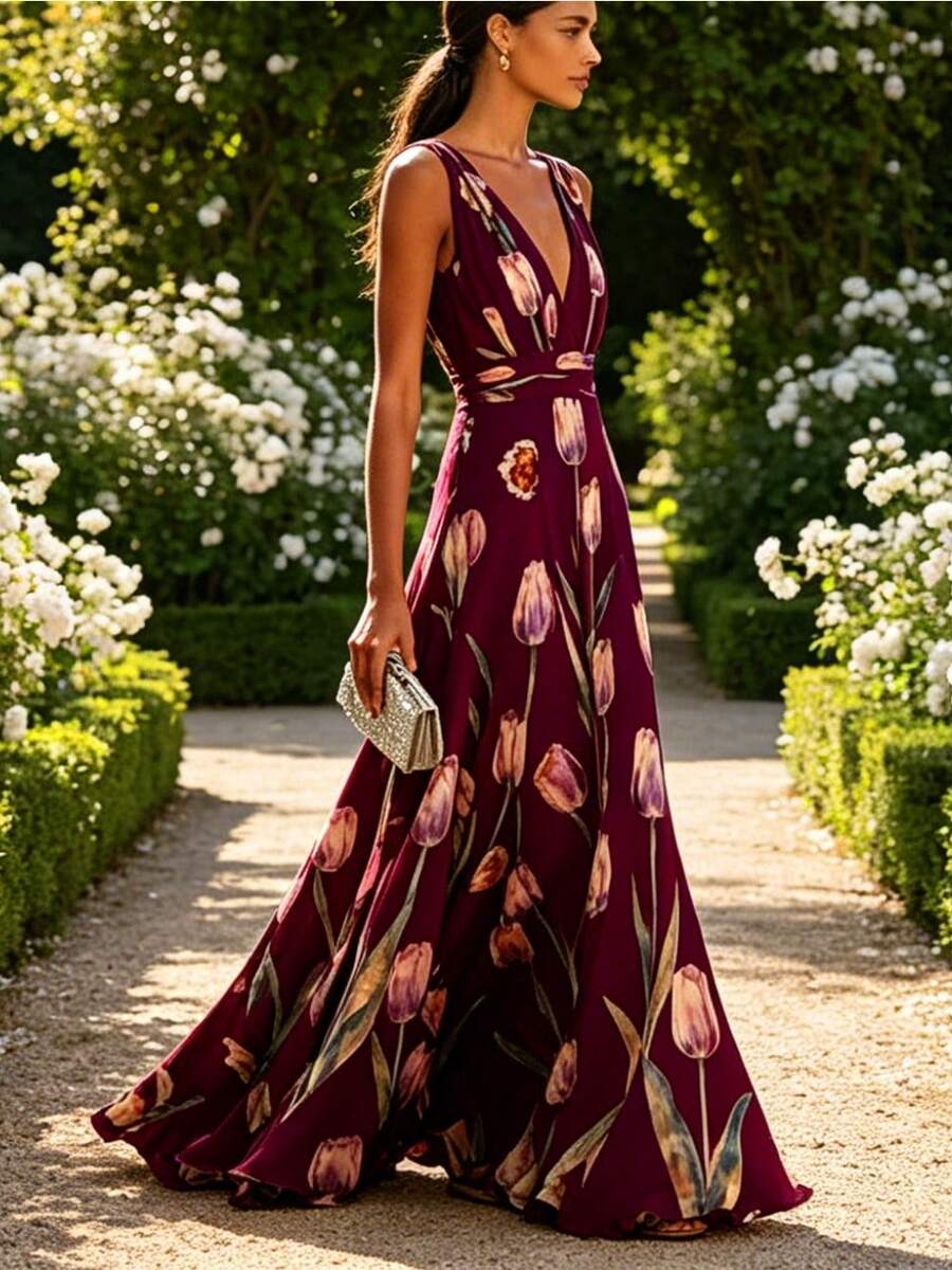 Vestido Maxi Fiesta 2026 Sin Mangas Cuello V Profundo Estampado Tulipanes Multicolor - Burdeos - Ver 1