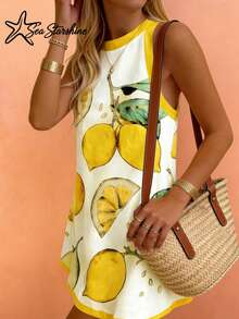 Sea Starshine Women's Bohemian Style Summer Beach Casual Vacation Comfortable Sleeveless Dress With Contrast Lemon Leaf Pattern White Elegant - White - View 4