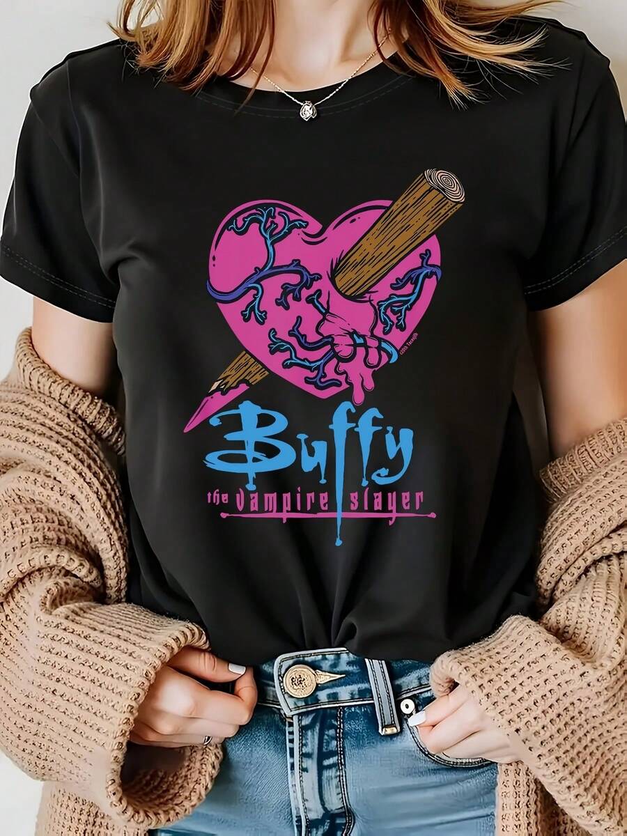 Camiseta con Estampado Gráfico para Mujer - Diseño de "Buffy, la cazadora de vampiros", Manga Corta, Cuello Redondo, Estilo Casual para Primavera y Verano, Negra con Ilustraciones Coloridas de Corazones y Personajes, Ropa Casual| Camiseta con estampado gráfico| Vibrant Print Y2k Camiseta Camisa De - Blanco - Ver 1