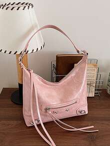 Fringe Rivet Motorcycle Style Underarm Bag, Women's New Large Capacity Tote Bag, Sweet & Cool One Shoulder Bag - Pink - View 6