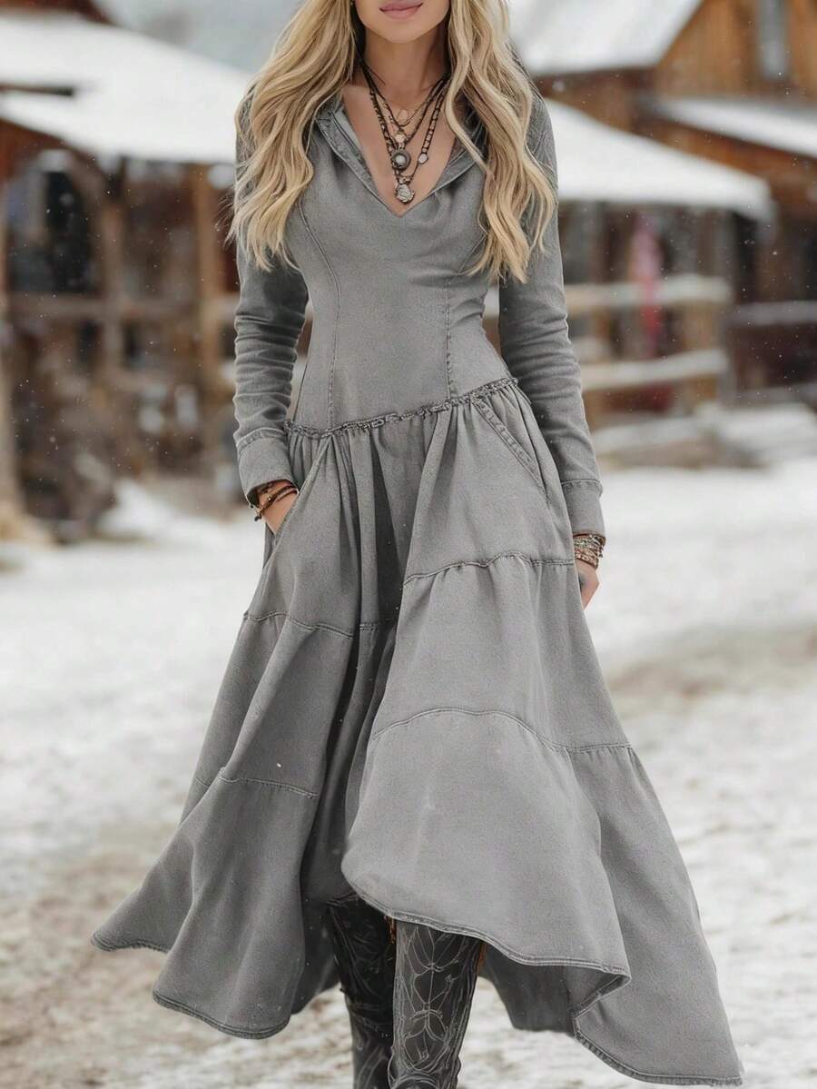New Women's Dress, Denim Style, Long Sleeves, Fitted Cut, Appliqué/Fabric Mix Design, Casual Style, Flattering Design, Perfect For Everyday And Urban Looks - 淺灰色 - 查看 1