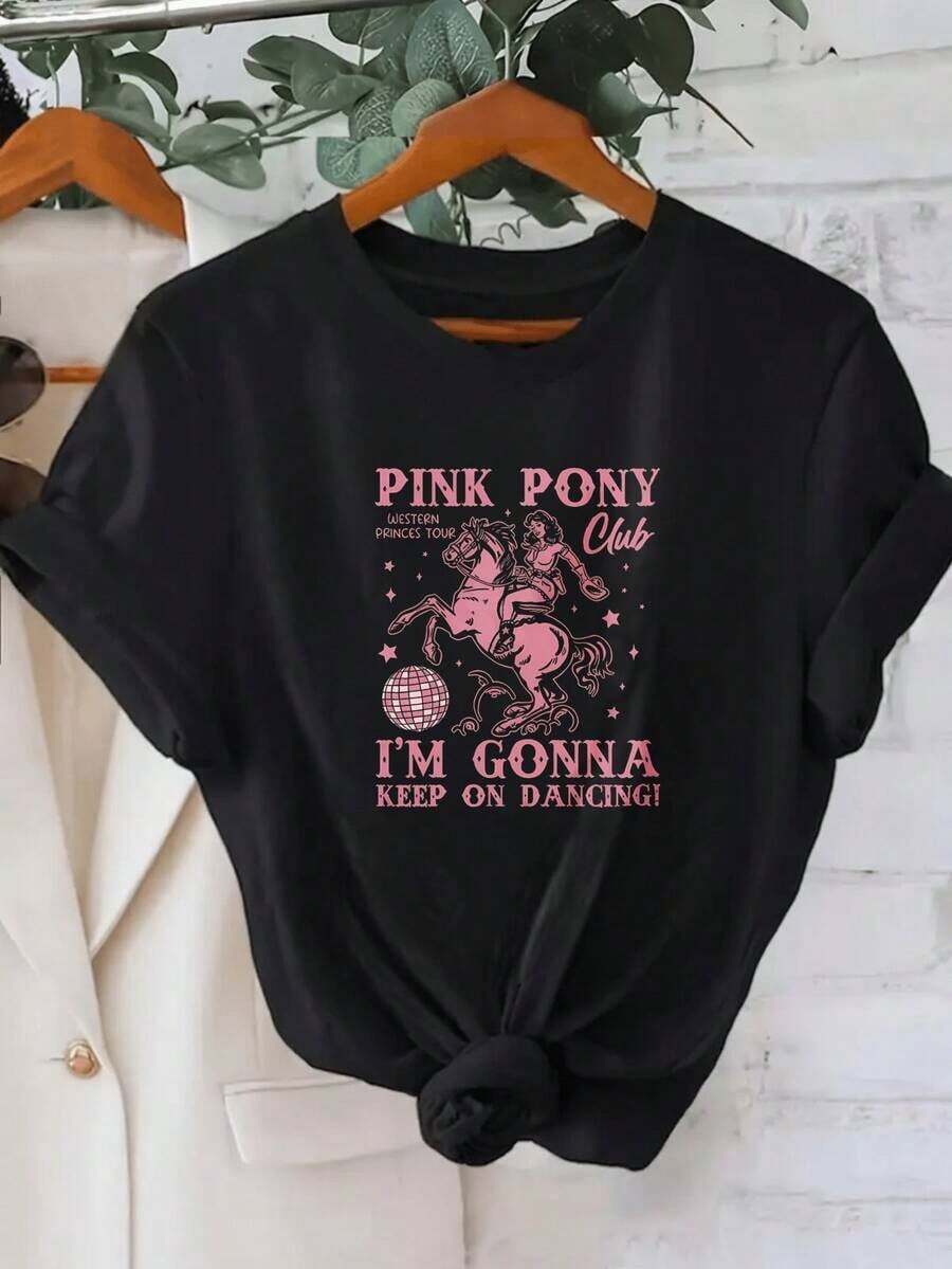 LoosePink Pony Club Women's Round Neck T-Shirt, Graphic T-Shirt For Western Dance Tours, "I'm Gonna Keep On Dancing" Print, Fashionable Casual Top For Women, Cotton T-Shirt For Women, Breathable And Sweat-Absorbent, Summer Short Sleeve. - 黑色 - 查看 1