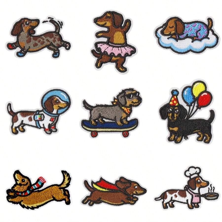 9片趣味腊肠犬刺绣布贴,可缝可熨,用于修补衣物破洞,DIY装饰帽子、背包、衣服、缝纫装饰品和配饰。 - 彩色 - 查看 1