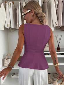 1 pieza Blusa informal de punto de unicolor con volante, rosa de verano - Morado - Ver 4