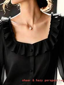 2026 New Ruffled Front Button Square Collar Blouse, Unique Design Sheer Aesthetic For Women Black - Black - View 4