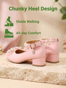 1 Pair New 2026 Girls Shoes, Decorated With Ribbon + Round Toe Buckle. Soft Sole Suitable For Daily Walking/Spring Outings. - Pink - View 3