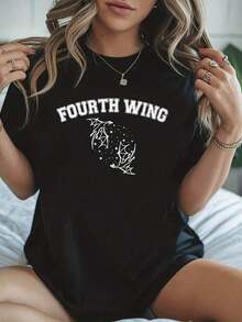 Women's Summer Outfits, Fantasy Literary Style, FOURTH WING, Women's Casual And Modern Printed Crew Neck T-Shirt, Women's Summer Outfits, Summer Tops, T-Shirt - 黑色 - 查看 7