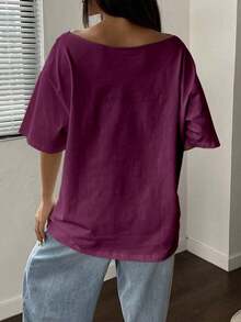 Camiseta holgada de manga corta con estampado de fruta de papaya y cuello asimétrico, color rosa - Burdeos - Ver 2