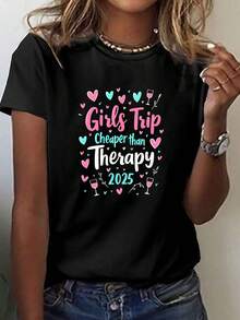 Camiseta premium con estampado de viaje para niñas, precio más económico, top casual de manga corta para primavera/verano, ropa esencial para mujer. - Negro - Ver 1