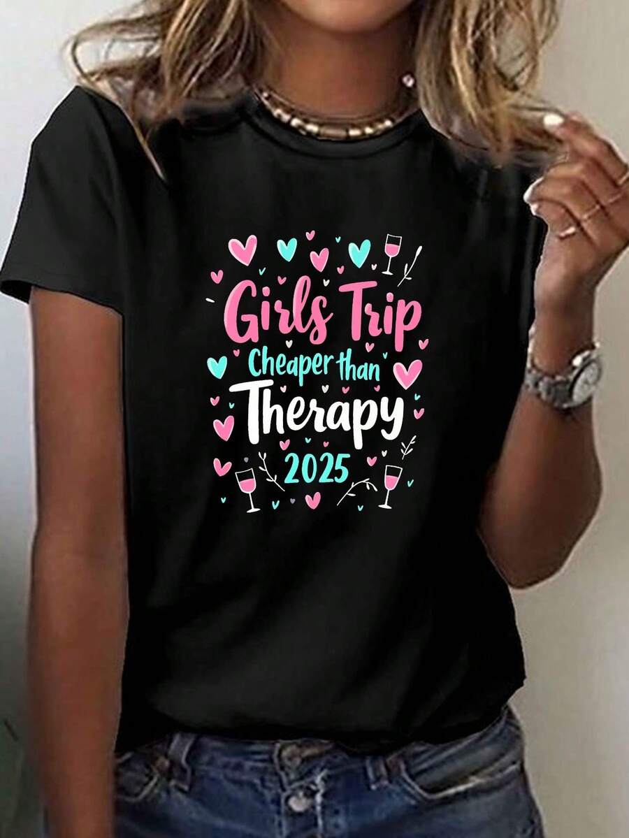Camiseta premium con estampado de viaje para niñas, precio más económico, top casual de manga corta para primavera/verano, ropa esencial para mujer. - Negro - Ver 1