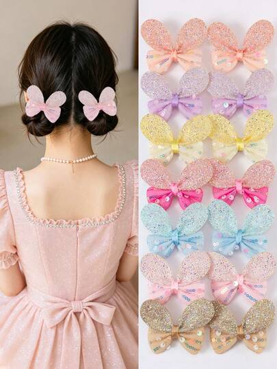 6pcs Random Candy Color Cute Rabbit Ear Bow Rhinestone Glitter Fabric 3D Hairpins, Sweet Girl Princess Hair Accessories For Daily Wear And Party