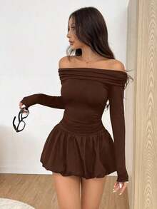 Vestido mini de manga larga de un hombro con volantes en el bajo para mujer, para primavera y otoño - Café integral - Ver 5