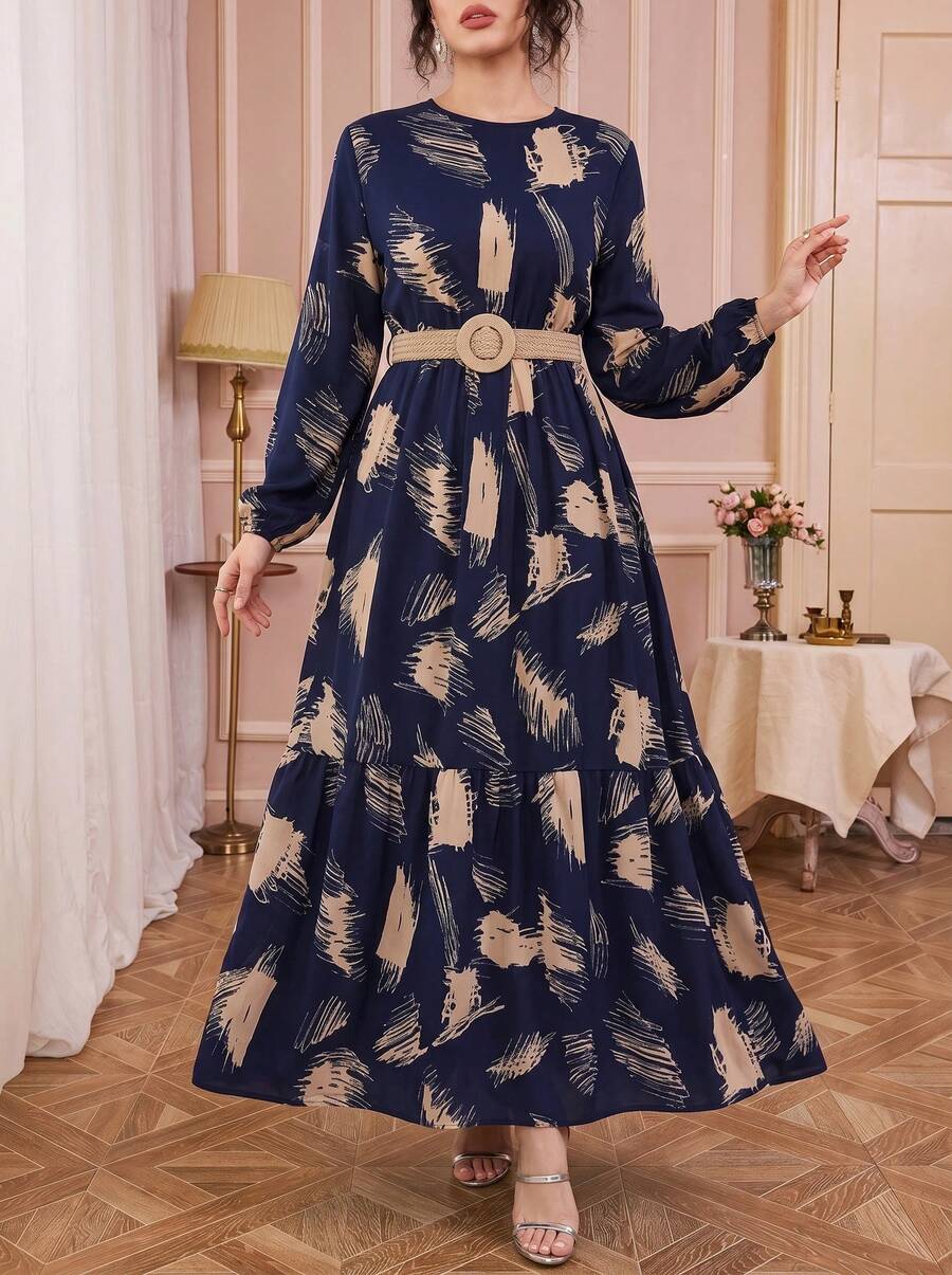 Solessence Đầm maxi Abaya dài tay kiểu giám mục, cổ tròn, thắt eo, chất liệu vải dệt dành cho nữ, mùa xuân. - Màu xanh hải quân - Xem 1